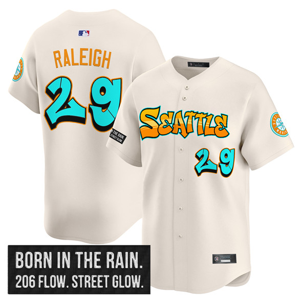 Men's Seattle Mariners #29 Cal Raleigh Cream 2025 'Graffiti Emerald Drop Edition' Vapor Premier Limited Stitched Jersey Men's Seattle Mariners #29 Cal Raleigh Cream 2025 'Graffiti Emerald Drop Edition' Vapor Premier Limited Stitched Jersey